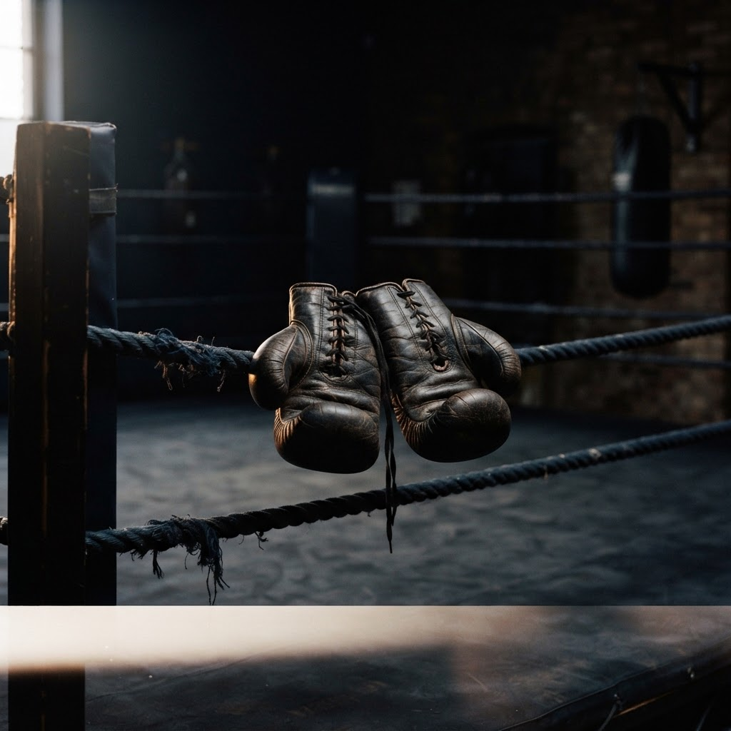 Leather boxing gloves resting on the ropes of a dimly lit boxing ring