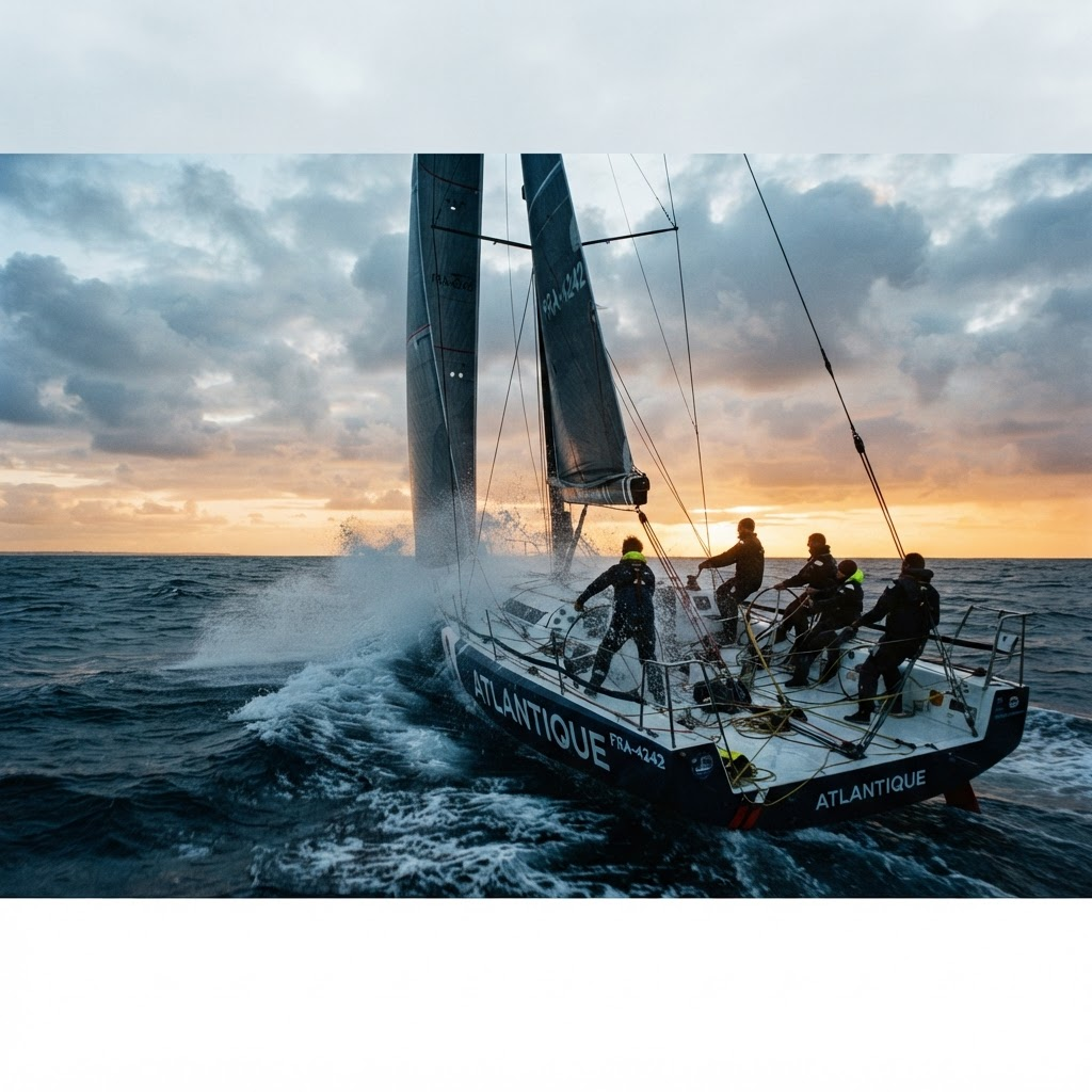 A racing sailboat heeling through ocean swell under a wide horizon